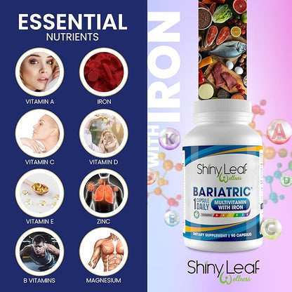 Shiny Leaf Bariatric Multivitamin with Iron - 45 mg for Gastric Bypass, Sleeve Gastrectomy, Roux-en-Y, Duodenal Switch - 22 Vitamins & Minerals, ASMBS Compliant, Vegetarian, Made in USA, GMP, 180 Ct.