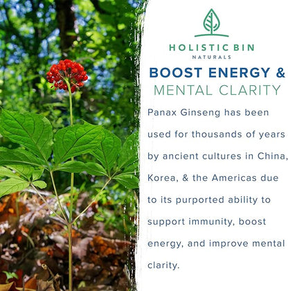 Holistic Bin Korean Red Ginseng Capsules Pure Panax Ginseng Supplement | Vegan, Gluten Free, Non GMO, No Fillers | Rich in Ginsenosides (40 Capsules)