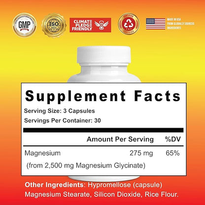 Pure Magnesium Glycinate Supplement - High Absorption, Vegan, Non-GMO Capsules for Stress Relief, Muscle, Nerve & Sleep Support, Energy Boost, Bone Health - Easy-to-Swallow - 90 Capsules