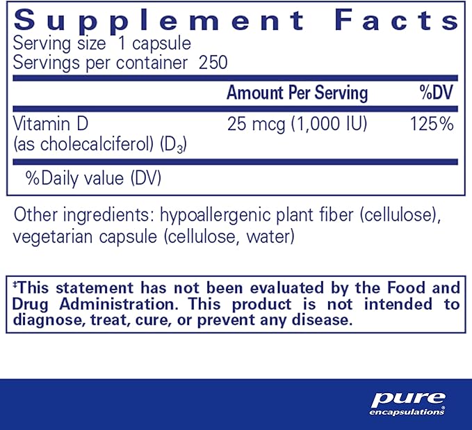 Pure Encapsulations Vitamin D3 25 mcg (1,000 IU) - Supplement to Support Bone, Joint, Breast, Heart, Colon & Immune Health - with Premium Vitamin D - 250 Capsules