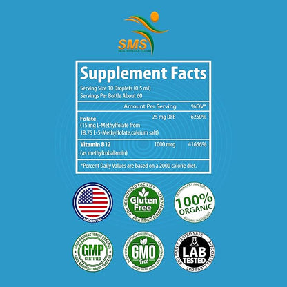 L-Methylfolate 15mg + Methyl B12 Liquid Drops – High Potency Sublingual Formula with Natural Berry Flavor – Active 5-MTHF & Bioactive B12 for Mood, Cognitive Health & Methylation Support (2oz)