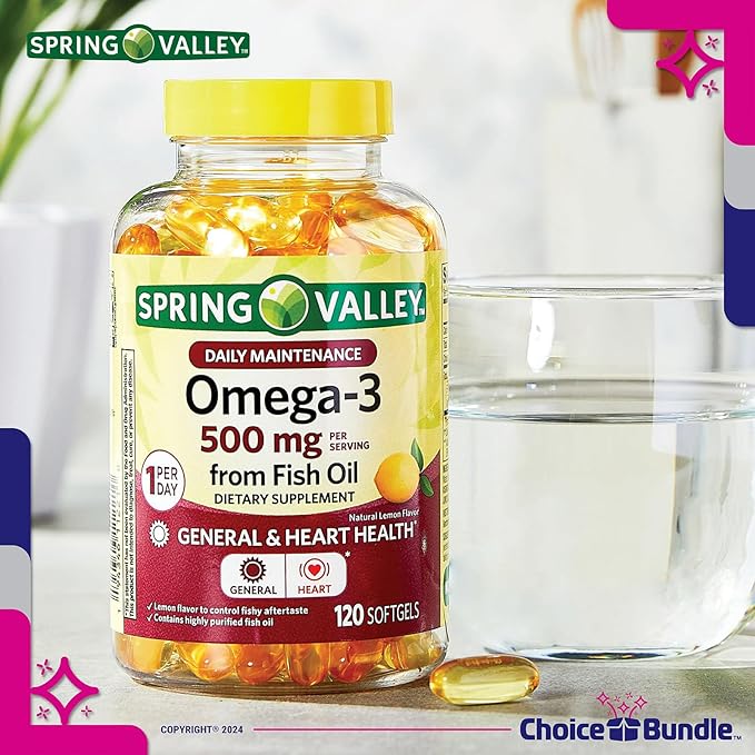 Spring Valley Fish Oil Omega 3 Fatty Acid Supplement Lemon Softgels 500 mg 120 Ct 3 pk (360 Total) + Vitamin Guide and Pill Container (5 Items)!