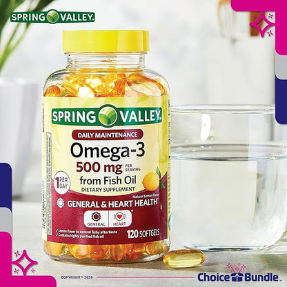 Spring Valley Fish Oil Omega 3 Fatty Acid Supplement Lemon Softgels 500 mg 120 Ct 2 pk (240 Total) + Vitamin Guide and Pill Container (4 Items)!