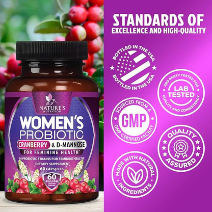 Probiotics for Women 60 Billion CFU - 16 Strains, Prebiotics & Cranberry, PH Balance, Digestive Health, Vaginal & Immune Support, Womens Probiotic for Gut Health, Shelf Stable - 60 Capsules