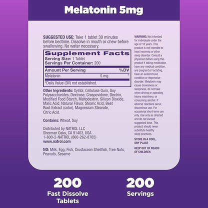 Natrol Melatonin 5mg Fast Dissolve Tablets, Sleep Support Supplements for Adults, Strawberry Flavor, 200 Tablets, Up to 200 Day Supply