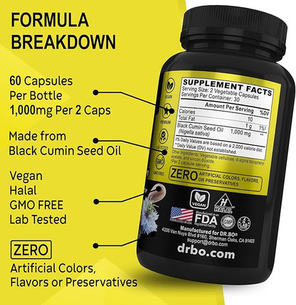Black Seed Oil Capsules Vegan - Pure Cold Pressed Black Seed Oil Nigella Sativa Cumin for Skin & Hair Health, 500mg, 1000mg Per 2 Capsule Serving Blackseed Liquid Capsules Halal - 60 Softgels Pills