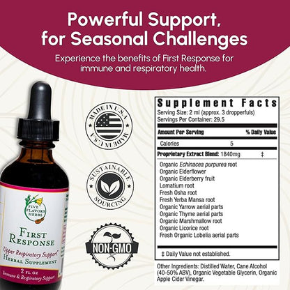 First Response Tincture - for Seasonal Discomfort, Upper Respiratory Support, Healthy Lungs, Immune System Support, Elderberry, OSHA, Yarrow, Herbal Supplement - 2 Fl Oz