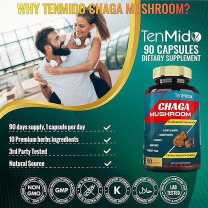 Chaga Mushroom Extract Capsules & Lions Mane, Cordyceps and More | Digestive Health, Anti-Aging, Immune Support | Energy Boost, Rich in Antioxidants & Nutrients, 3 Months Supply