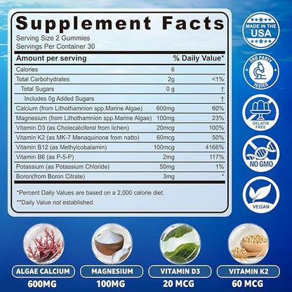 Calcium Gummies 600mg - Calcium Supplement for Women, Ocean Algae Calcium | Vitamin D3, K2, Magnesium | for Bone Strength, Muscle & Immnue | Sustainably Sourced Algae Calcium, 70+ Mineral, Vegan,2PACK