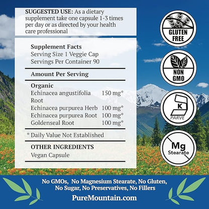 Echinacea Goldenseal Capsules - Kosher Vegan Caps with 450mg Organic Echinacea Goldenseal Complex
