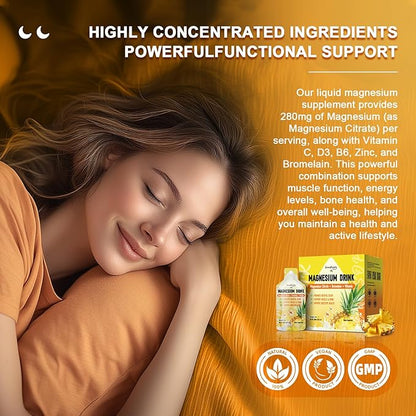 7-in-1 Magnesium Citrate Liquid, Magnesium Citrate Supplements Drink with 280mg Magnesium, Zinc, Bromelain, Vitamin C D3 B6, Muscle & Sleep Support for Kids & Adult, 1 fl.Oz (10Pcs)