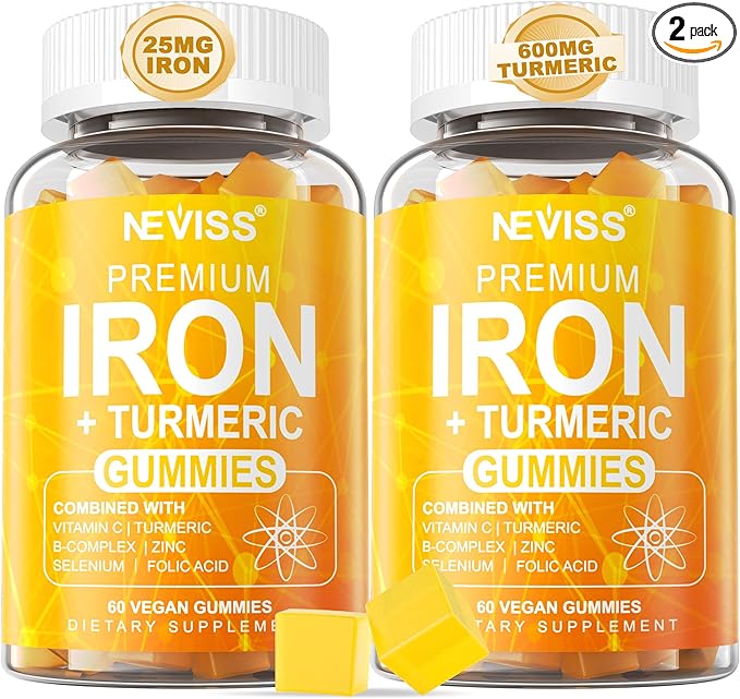 NEVISS Vegan Iron Gummies for Women & Men – Carbonyl Iron 25mg & Turmeric Extract 600mg with Vitamins C, A, B6, B12 & Folate Gummy Supplement for Energy, Immune & Red Blood Cell Support, 120Cts