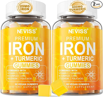 NEVISS Vegan Iron Gummies for Women & Men – Carbonyl Iron 25mg & Turmeric Extract 600mg with Vitamins C, A, B6, B12 & Folate Gummy Supplement for Energy, Immune & Red Blood Cell Support, 120Cts