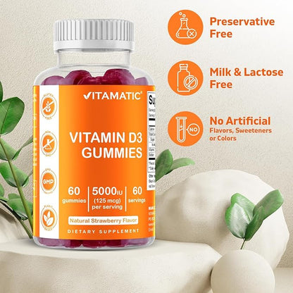 Vitamatic Vitamin D3 Gummies – 5000 IU Per Gummy | 60 Gummies per Bottle | Pack of 2 (Total 120 Count) Great Taste | Supports Bone, Teeth, Mood, Joint & Immune Health