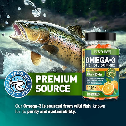 Omega 3 Fish Oil Gummies with EPA & DHA from Wild Fish - Triple Strength Omega 3 Fish Oil Gummy, Supports Healthy Heart, Brain & Immune System, Burpless & Natural - 60 Gummies, 30 Day Supply