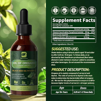 B BEWOTHS Oregano Oil Drops, Oil of Oregano with Black Seed Oil, Vitamin E, Wild Harvest Oil of Oregano Liquid Herbal Blend for Immune, Antioxidant, Digestive Gut Cleanser, Kidney Health Support-Vegan