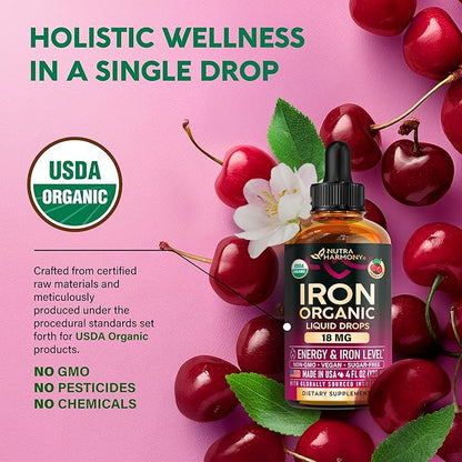 Liquid Iron Supplement for Women 18 mg - USDA Organic Iron Drops - with Folate, Vitamin B12 & B6 - Iron Level & Energy - Gentle & High Absorption Glycinate Form - Cherry Flavor, Sugar-Free - 4 fl oz
