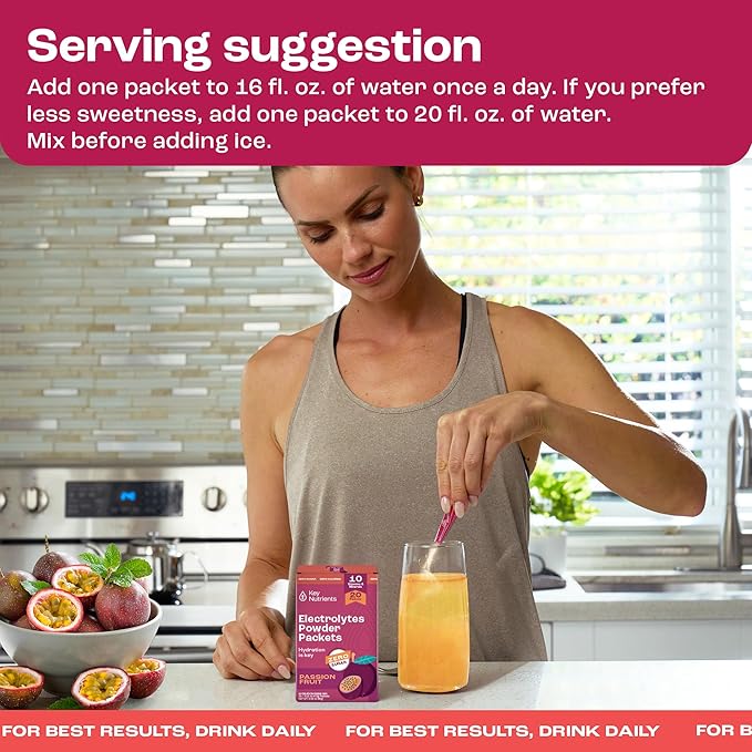 KEY NUTRIENTS Multivitamin Electrolytes Powder Packets - Delicious Passion Fruit 20 Pack Hydration Packets - Travel Hydration Powder - No Sugar, No Calories, Gluten Free - Made in USA
