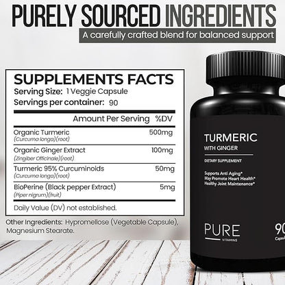 Turmeric and Ginger Supplements - 90 Vegetarian Capsules | Digestive Health & Joint Support Supplement | Organic Turmeric Curcumin Supplement with Black Pepper Extract