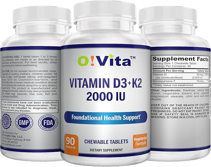 Vitamin D3 + K2 2000IU Chewable for Bone Health Support, 90 Vegan chewable Tablets, up to 3-Month Supply