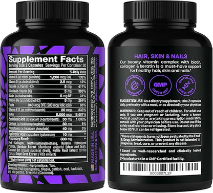 Biotin and Collagen Supplements with Keratin - Hair Vitamins - Hair Skin & Nails Vitamins with Biotin, Collagen, B Complex - Made in USA - Biotin Supplement for Strong Hair, Skin & Nails - 60 Capsules