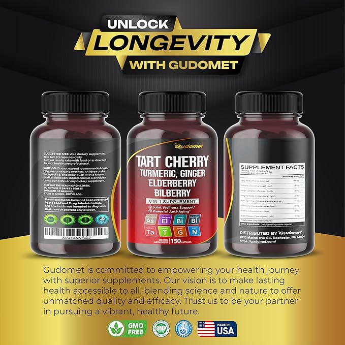 Tart Cherry Turmeric Ginger Stinging Ashwagandha Elderberry Bilberry Black Pepper -150 Capsules- Made in USA