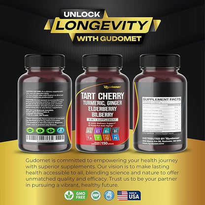 Tart Cherry Turmeric Ginger Stinging Ashwagandha Elderberry Bilberry Black Pepper -150 Capsules- Made in USA