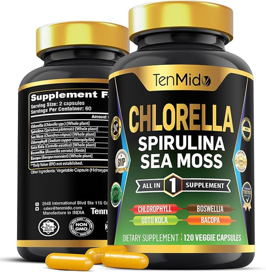 Organic Chlorella Supplement for Men and Women, 7in1 Formula with Spirulina, Sea Moss, Chlorophyll, Gotu Kola, Boswellia & Bacopa - Immune Support - Rich in Nutrient, Vitamins - 120 Capsules