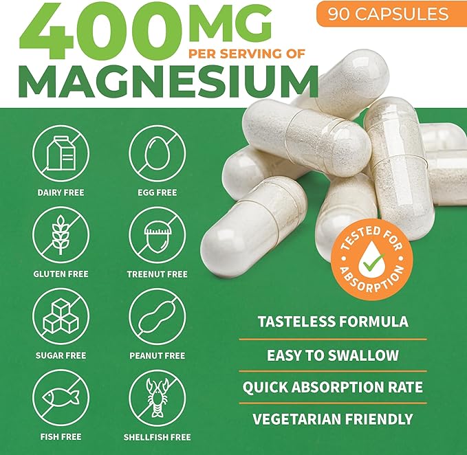 Pure Magnesium Glycinate 400mg Serving - High Absorption Magnesium Glycinate - Mag Bisglycinate for Stress, Bones, Muscles, Nerves, Relaxation & Heart Healt - 90 Capsules