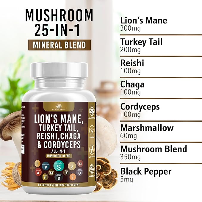 Mushroom Supplement with Lion's Mane Turkey Tail Reishi Cordyceps Chaga Marshmallow Root - 60 Count