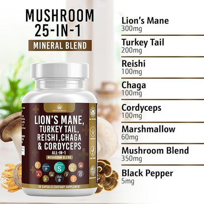 Mushroom Supplement with Lion's Mane Turkey Tail Reishi Cordyceps Chaga Marshmallow Root - 60 Count