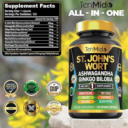 St.John's Wort Supplement - 8in1 Formula - Combine with Ashwagandha, Ginkgo Biloba, Shilajit, Valerian, Holy Basil, Chamomile, and Black Pepper - 120 Vegan Capsules for 4 Months Supply