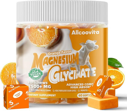 Magnesium Glycinate Soft Chews, Orange Flavor.Chewable Sugar Free Potassium Magnesium Chews with Magnesium Glycinate, Vitamin D, B6, and CoQ10 for Calm Support & Sleep for Adults, 60 Days Supply