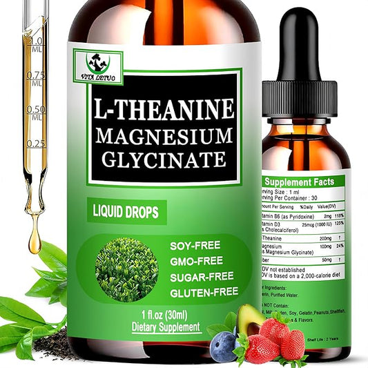 L Theanine Drops, Liquid L-Theanine Supplement 200mg w/Magnesium Glycinate,Vitamins,Fiber for Relaxation,Sleep,Digestion, Calm,High Absorption Mood Support for Adults & Kids,Plant Based,Non-GMO