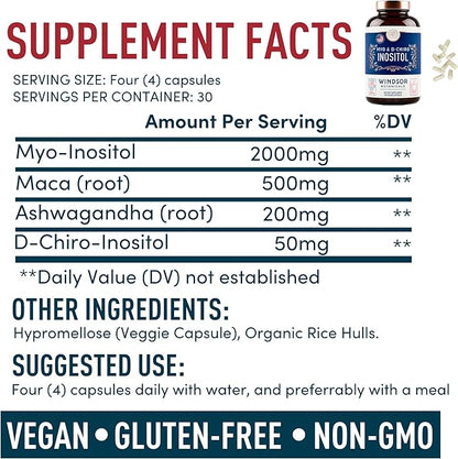 Myo and D-Chiro Inositol Supplement 40:1 Ratio - 2,000 mg Myo-Inositol plus Maca Root & Calming Ashwagandha - Healthy Ovarian Support Vitamins and Fertility Supplements for Women - 120 Vegan Capsules