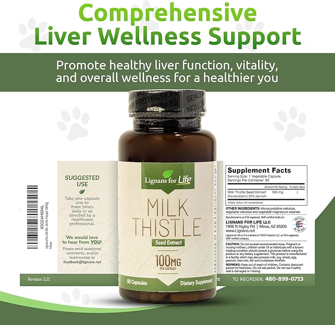 Lignans for Life Milk Thistle Seed Extract Herbal Supplement for Dogs, 100mg - 60 Vegetarian Capsules, Canine Liver Health