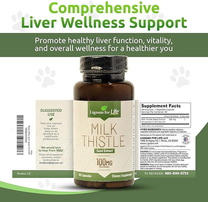 Lignans for Life Milk Thistle Seed Extract Herbal Supplement for Dogs, 100mg - 60 Vegetarian Capsules, Canine Liver Health