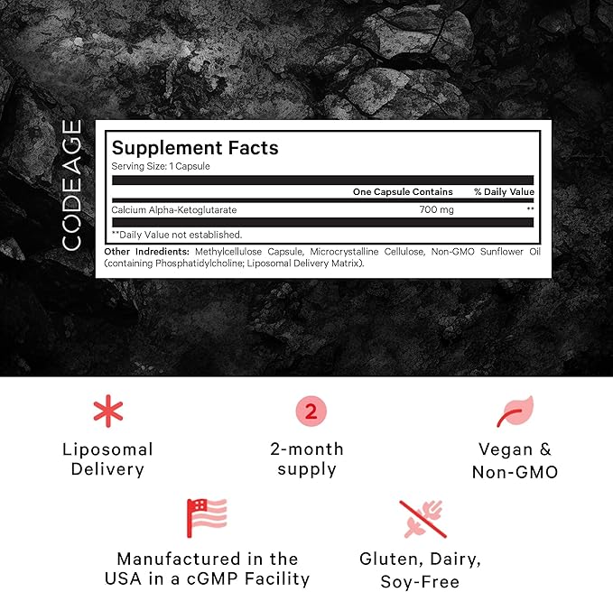 Codeage Liposomal Calcium AKG Supplement - Calcium Alpha-Ketoglutarate - 2-Month Supply - Liposomal Delivery - 1 Capsule Per Serving - Non-GMO, Gluten-Free - 60 Capsules