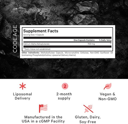Codeage Liposomal Calcium AKG Supplement - Calcium Alpha-Ketoglutarate - 2-Month Supply - Liposomal Delivery - 1 Capsule Per Serving - Non-GMO, Gluten-Free - 60 Capsules