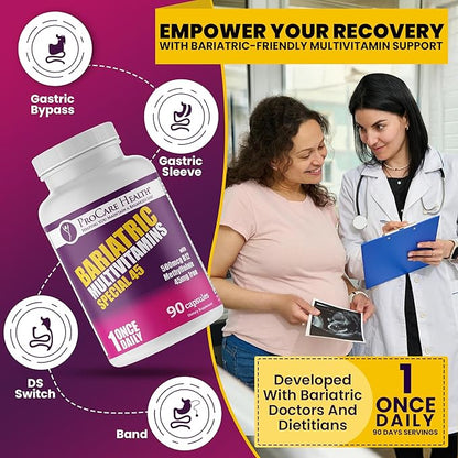 ProCare Health Bariatric Multivitamin with Iron (90 Capsule) - 45mg Iron with Reduced B12 - Post Op Bariatric Vitamins for Gastric Bypass Sleeve Patients, Sustains Recovery & Energy (03 Month Supply)
