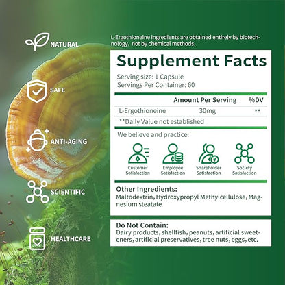L-Ergothioneine Supplement, 30mg(EGT)/Serving, 6X Ergothioneine Mushroom Extract Supplements Longevity, Immune Support, Heart Health & Brain Supplement, Lab Tested, Made in USA, 60 Servings