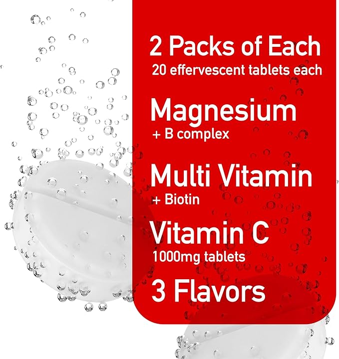 Effervescent Variety Pack with Vitamin C 1000mg, Magnesium + B Complex, Multivitamin + Biotin, 6-Pack, 120 Tablets