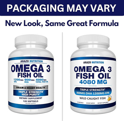 Arazo Nutrition Wild Caught Omega 3 Fish Oil – 120 Soft Gels – 4,080mg High EPA 1200mg DHA 900mg Lemon Flavor Burpless Softgels
