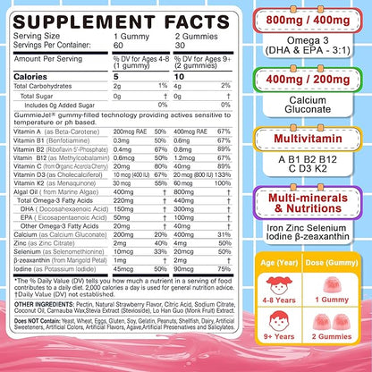 Omega 3 Gummies (EPA/DHA) for Kids 4+, Kids Multivitamin A B1 B2 B12 C D3 K2, Calcium, Iron, Zinc, Selenium, lodine for Brain Cognition, Eye, Bone, Energy, Immune, No Fish Taste, Sugar Free