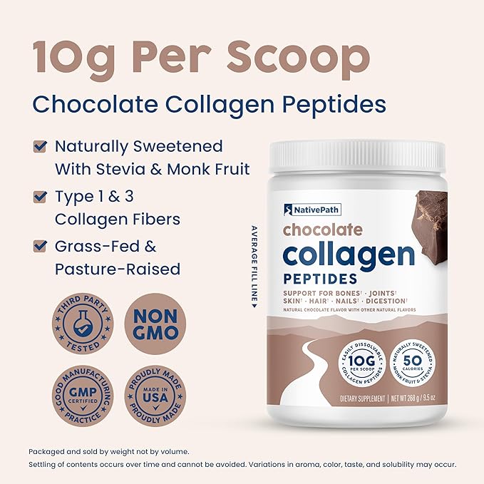 NativePath Collagen Peptides - Hydrolyzed Type 1 & 3 Collagen. Keto & Paleo Grass-Fed Protein Powder for Hair, Skin, Nails, Bones, Joints, Digestion and More - No Gluten or Dairy (Chocolate, 268g)