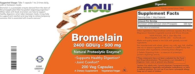 Now Bromelain 500 mg, 200 Veg Capsules - Natural Pineapple, Proteolytic Enzyme Supplement, 2400 GDU