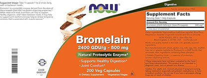 Now Bromelain 500 mg, 200 Veg Capsules - Natural Pineapple, Proteolytic Enzyme Supplement, 2400 GDU