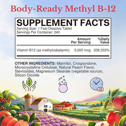 Vitalitown Vitamin B12 (Methyl B12) 5000 mcg, Fully Bioactive Form, Support Energy Production, Natural Peach Flavor, Zero Sugar, 240 Fast Dissolve Tablets