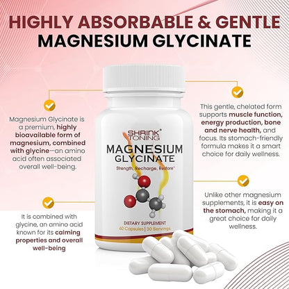 Shrink Magnesium Glycinate – High Absorption Magnesium Supplement – Supports Muscle Function – 60 Capsules