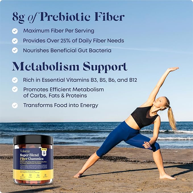 Super Blend Fiber Gummies for Adults – 8g Prebiotic Fiber Gummies, Supports Digestive Health, Bloating Relief & Wellness, Infused with Ginger, Camu Camu & Matcha, Strawberry Flavor – 60 Count